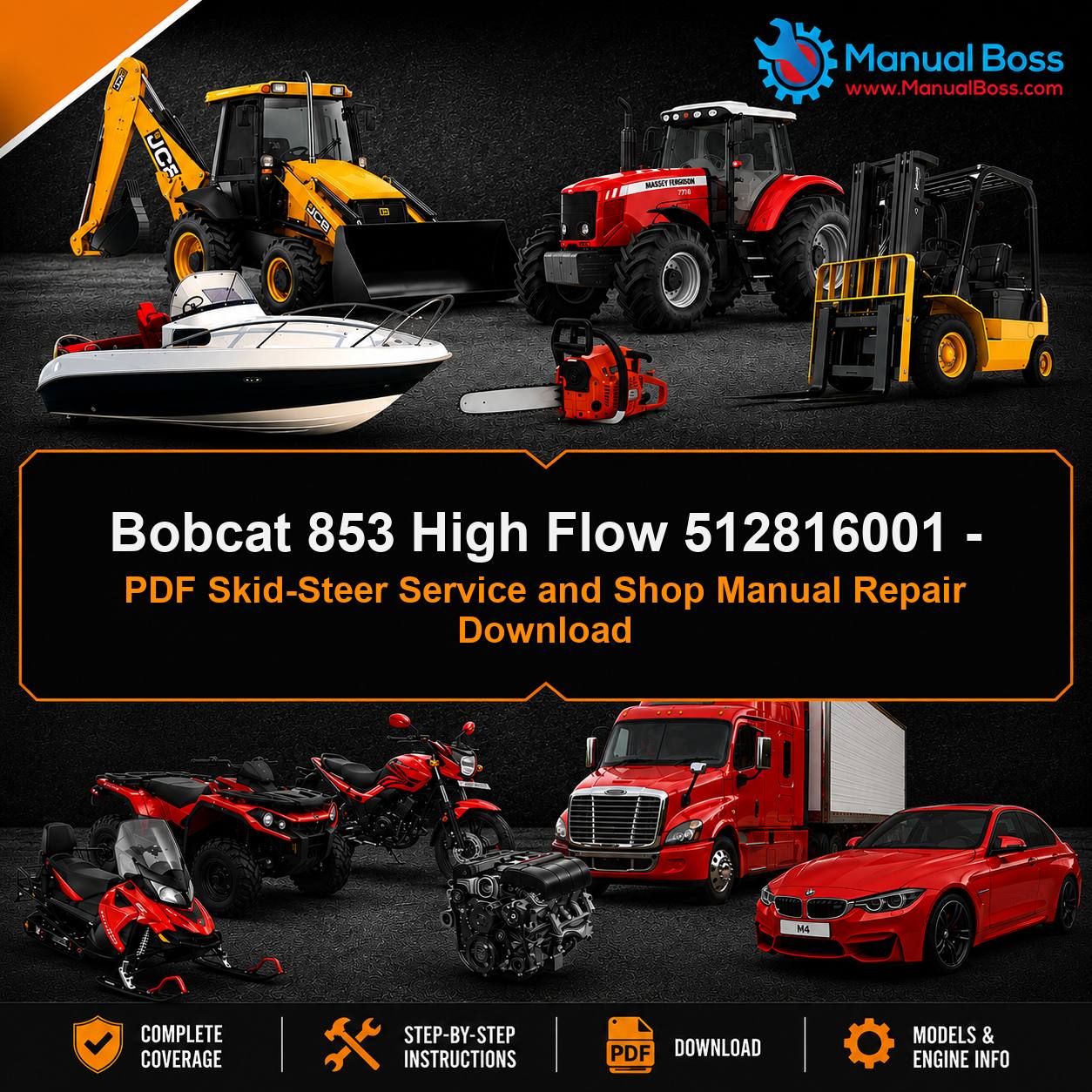 Bobcat 853 High Flow 512816001 - PDF Skid-Steer Service and Shop Manual Repair Download